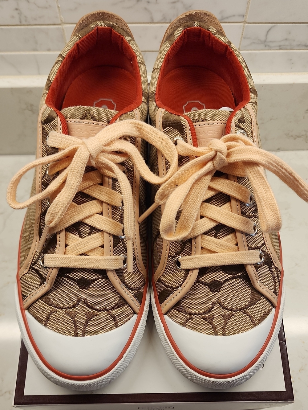 Coach Tan Signature Logo Low-Top Sneakers with Orange Lining
